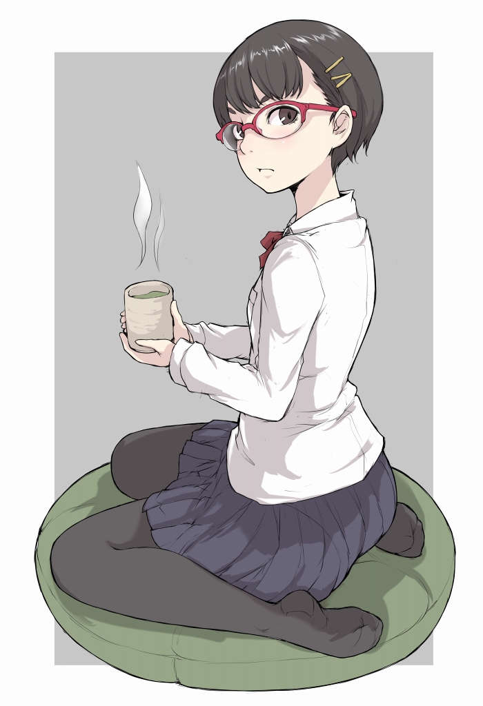 1girl black_legwear blue_skirt brown_eyes brown_hair cup frown full_body glasses grey_background hair_ornament hairclip holding holding_cup ina_(gokihoihoi) looking_at_viewer no_shoes original pantyhose red-framed_eyewear school_uniform short_hair simple_background sitting skirt solo steam tea wariza yunomi