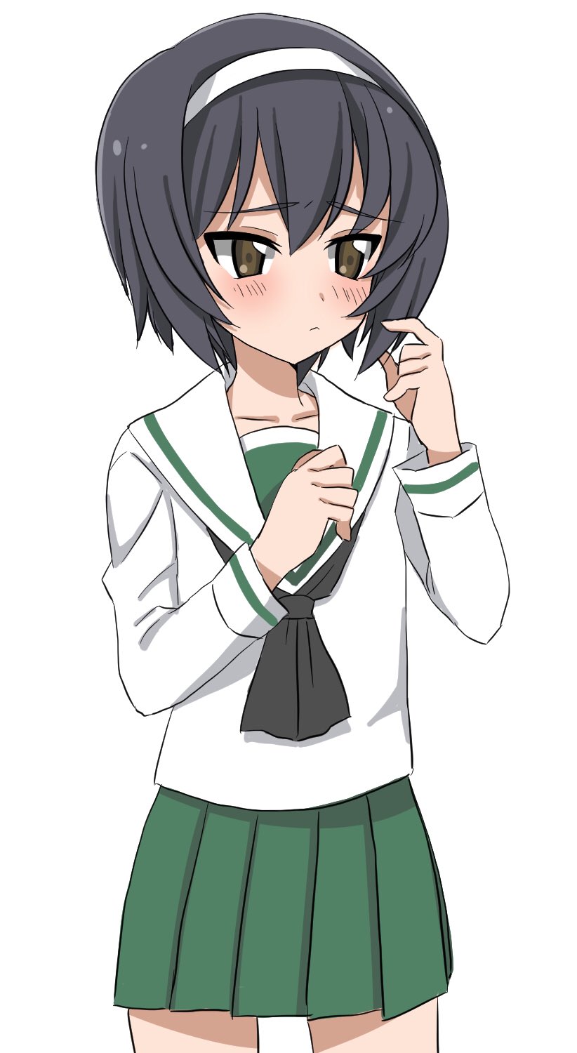 1girl alternate_hair_length alternate_hairstyle bangs black_hair black_neckwear blouse blush brown_eyes closed_mouth commentary cowboy_shot eyebrows_visible_through_hair frown girls_und_panzer green_skirt hairband hand_in_hair highres long_sleeves looking_away miniskirt neckerchief ooarai_school_uniform pleated_skirt reizei_mako ruruepa school_uniform serafuku short_hair simple_background skirt solo standing white_background white_blouse white_hairband