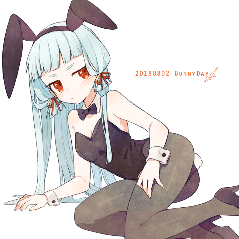 1girl alternate_costume animal_ears ark_kan blush bow bowtie bunny_tail bunnysuit dated detached_collar fake_animal_ears hair_ribbon headgear high_heels kantai_collection long_hair murakumo_(kantai_collection) pantyhose rabbit_ears red_eyes ribbon silver_hair simple_background sitting solo tail tress_ribbon white_background wrist_cuffs yokozuwari