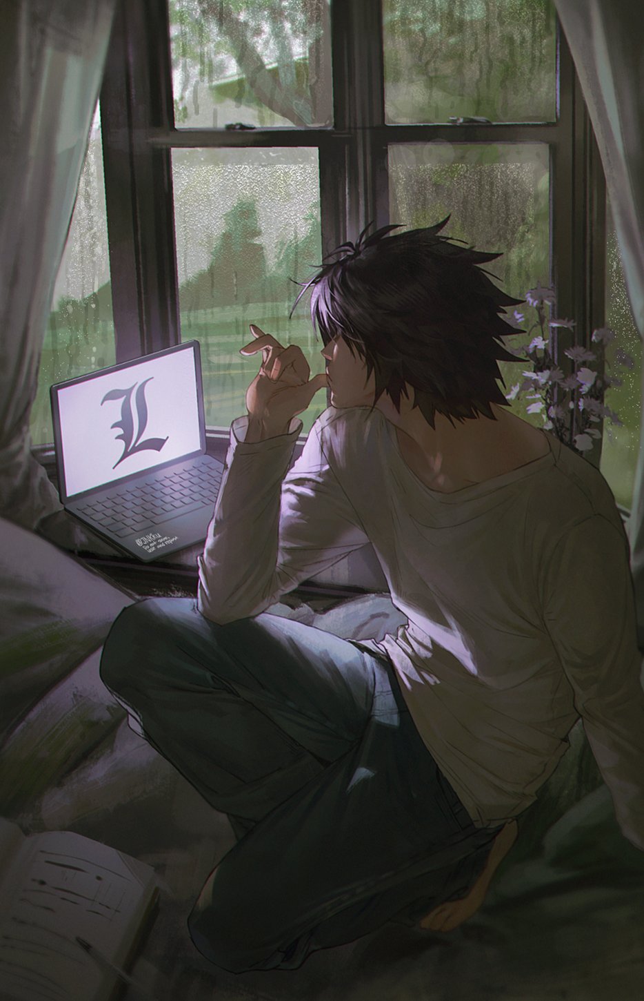 1boy book computer curtains death_note denim flower grey_sky highres jeans jnkku l_(death_note) laptop long_sleeves male_focus on_bed pants pen rain shirt short_hair sky solo thumb_to_mouth water_drop white_shirt window