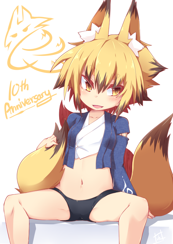 1girl animal_ears bike_shorts blonde_hair brown_eyes brown_hair fox_ears fox_tail japanese_clothes looking_to_the_side multicolored_hair multiple_tails navel original reku sanbi_(reku) short_hair sitting solo tail two-tone_hair white_background