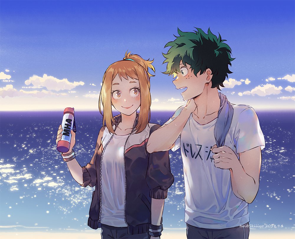 1boy 1girl alternate_hairstyle beach blush boku_no_hero_academia bottle brown_eyes brown_hair casual clouds collarbone dated day freckles green_eyes green_hair holding holding_bottle kistina looking_at_another midoriya_izuku ocean shirt short_hair short_ponytail short_sleeves sidelocks smile t-shirt twitter_username uraraka_ochako water_bottle wristband