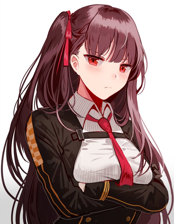 1girl bangs blazer blush braid breasts closed_mouth collared_shirt crossed_arms double-breasted framed_breasts french_braid girls_frontline gloves hair_ribbon half_updo high-waist_skirt jacket large_breasts long_hair looking_at_viewer necktie one_side_up purple_hair red_eyes red_neckwear red_ribbon ribbon shirt sidelocks silence_girl simple_background skirt solo strap striped striped_shirt tsurime upper_body very_long_hair wa2000_(girls_frontline) white_background