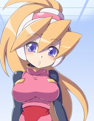 1girl :o blonde_hair blue_eyes blush breasts capcom ciel_(rockman) eyebrows_visible_through_hair hair_between_eyes head_tilt headgear helmet high_ponytail large_breasts long_hair looking_at_viewer lowres ponytail rockman rockman_zero solo upper_body