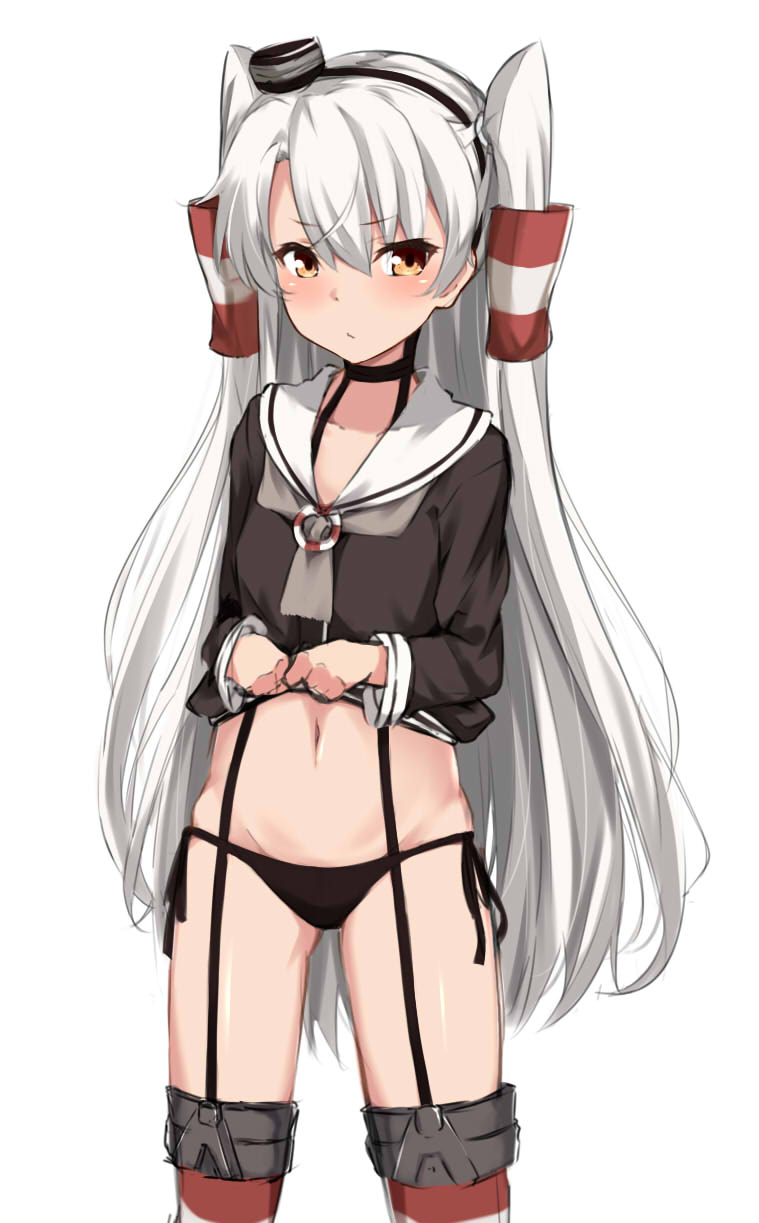 1girl amatsukaze_(kantai_collection) black_panties blush brown_dress brown_eyes closed_mouth dress eyebrows_visible_through_hair garter_straps hair_between_eyes hair_tubes hat highres kantai_collection kohakope lifebuoy long_hair looking_at_viewer mini_hat no_pants panties red_legwear sailor_dress school_uniform serafuku short_dress silver_hair solo striped striped_legwear thigh-highs two_side_up underwear windsock yellow_eyes