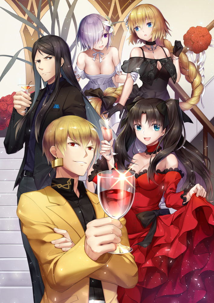 2boys 3girls :d :o alcohol bangs bare_shoulders belt_buckle black_belt black_choker black_dress black_eyes black_gloves black_hair black_jacket black_pants black_shirt blonde_hair blue_eyes blush braid breasts buckle champagne_flute choker cleavage closed_mouth cocktail_glass collarbone collared_shirt commentary_request cup dress dress_shirt drinking_glass eyebrows_visible_through_hair fate/grand_order fate/zero fate_(series) flower gilgamesh glint gloves hair_between_eyes hair_over_one_eye hand_up holding holding_cup jacket jeanne_d'arc_(fate) jeanne_d'arc_(fate)_(all) jh long_hair long_sleeves lord_el-melloi_ii mash_kyrielight medium_breasts multiple_boys multiple_girls open_mouth pants parted_lips purple_hair purple_jacket red_dress red_eyes red_flower red_rose rose see-through shirt single_braid sleeveless sleeveless_dress smile stairs standing strapless strapless_dress tohsaka_rin two_side_up very_long_hair violet_eyes waver_velvet white_dress white_gloves wine wine_glass yellow_jacket