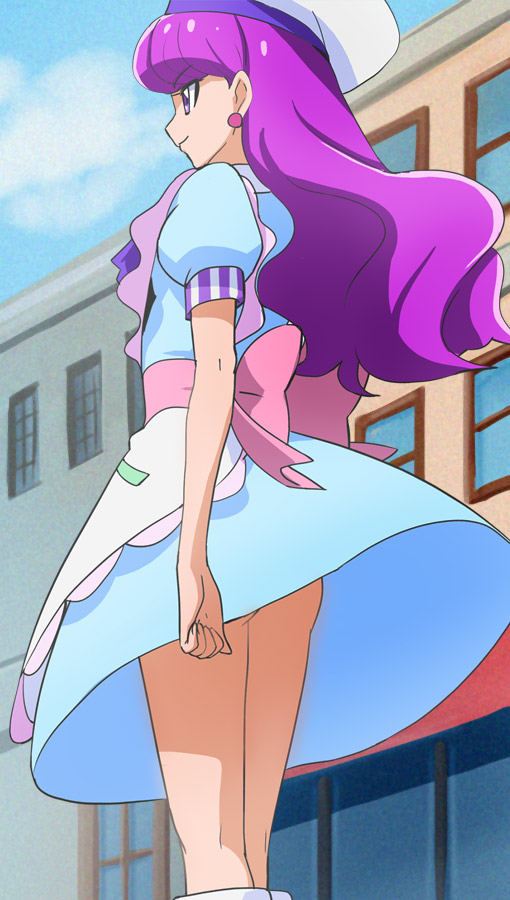 1girl beret blue_sky closed_mouth clouds day earrings haruyama_kazunori hat jewelry kirakira_precure_a_la_mode kotozume_yukari long_hair outdoors precure puffy_short_sleeves puffy_sleeves purple_hair short_sleeves sky smile solo standing violet_eyes white_hat