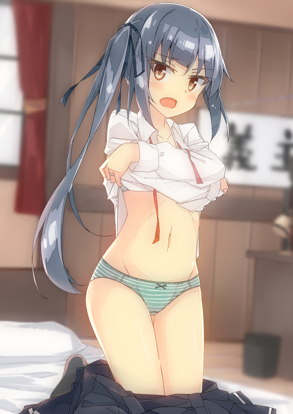 1girl bangs bed beritabo black_legwear black_ribbon black_skirt blurry blurry_background blush bow bow_panties brown_eyes collarbone collared_shirt commentary_request curtains depth_of_field desk eyebrows_visible_through_hair grey_hair groin hair_ribbon kantai_collection kasumi_(kantai_collection) kneeling lifted_by_self long_hair long_sleeves looking_at_viewer navel neck_ribbon on_bed open_mouth panties pillow pleated_skirt red_ribbon ribbon shirt shirt_lift side_ponytail sidelocks skirt skirt_pull socks solo striped striped_panties underwear undressing very_long_hair white_shirt window wooden_floor