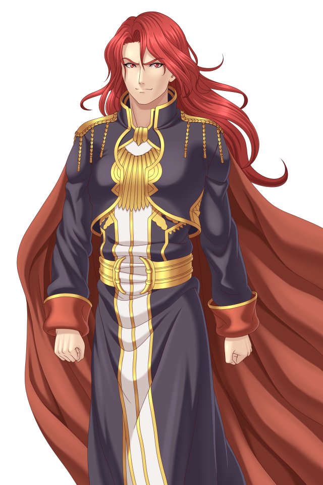 1boy alvis_(fire_emblem) cape european_clothes fire_emblem fire_emblem:_seisen_no_keifu long_hair looking_at_viewer nintendo red_eyes redhead rere_(yusuke) shoulder_pads simple_background smile solo wavy_hair white_background