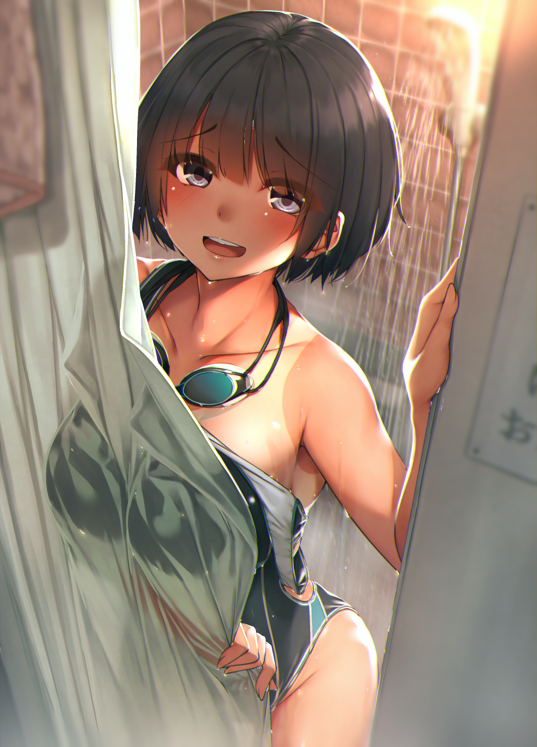 1girl :d bangs black_hair blue_eyes blush breasts collarbone competition_swimsuit curtain_grab curtains eyebrows_visible_through_hair eyes_visible_through_hair goggles goggles_around_neck highres indoors large_breasts looking_at_viewer one-piece_swimsuit open_mouth original rerrere round_teeth short_hair shower shower_curtain shower_head smile solo standing strap_slip swimsuit swimsuit_tan tan tanline teeth upper_teeth wet