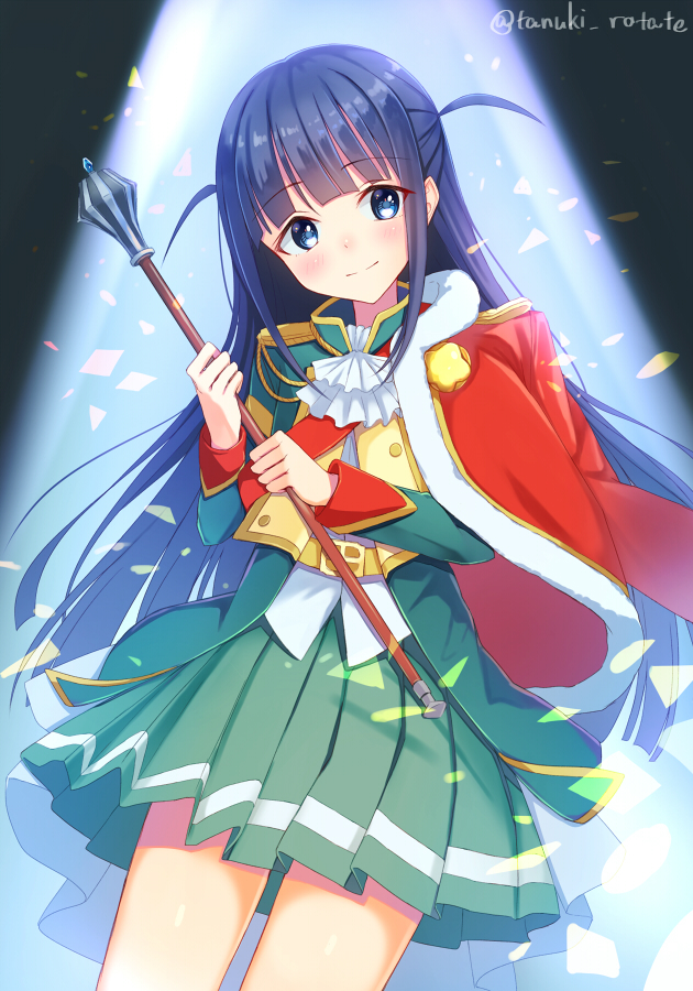 bangs blue_hair blunt_bangs blush eyebrows_visible_through_hair fur_trim jacket long_hair mace pleated_skirt shirai_tanuki shoujo_kageki_revue_starlight signature skirt smile spotlight standing tsuyuzaki_mahiru two_side_up weapon