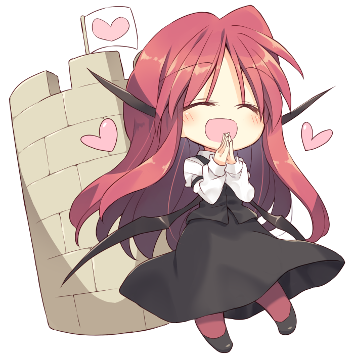 1girl :d ^_^ bat_wings blush chibi closed_eyes closed_eyes dress_shirt eyebrows_visible_through_hair flag happy head_wings heart koakuma long_hair looking_at_viewer low_wings open_mouth red_legwear redhead satou_kibi shirt sidelocks simple_background skirt skirt_set smile touhou tower very_long_hair vest white_background white_shirt wings