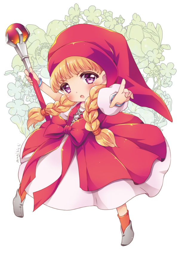 1girl bangs blonde_hair blush bow bracelet braid dragon_quest dragon_quest_xi dress eyebrows_visible_through_hair flower full_body grey_footwear hat holding holding_staff jewelry kichijou_agata long_hair looking_at_viewer open_mouth orange_legwear puffy_short_sleeves puffy_sleeves red_bow red_hat short_sleeves socks solo staff twin_braids veronica_(dq11) violet_eyes white_background