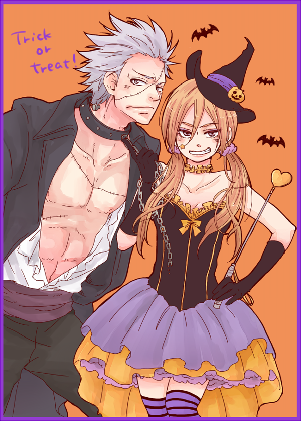 1boy 1girl bare_shoulders bat black_jacket black_pants bolt brother_and_sister brown_hair chains choker collar gojou_reina gojou_yuuma grey_hair grin halloween hand_on_hip hat hat_ornament hinomaru_zumou jacket long_hair open_clothes open_shirt orange_background orange_choker pants purple_legwear purple_skirt siblings simple_background skirt smile standing trick_or_treat twintails wand witch_hat