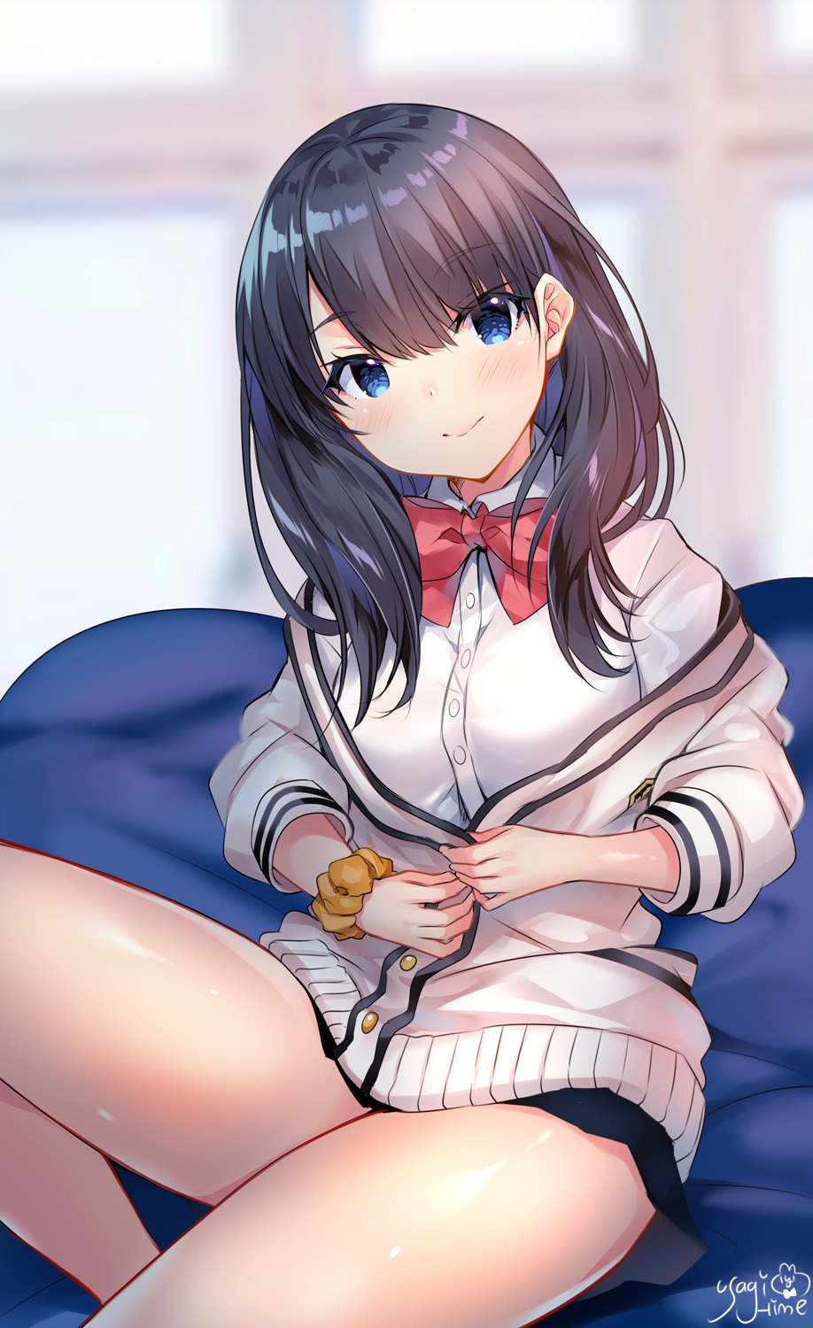1girl artist_name black_hair blue_eyes blurry blurry_background blush bow bowtie breasts cardigan closed_mouth eyebrows_visible_through_hair highres legs looking_at_viewer medium_breasts red_neckwear shirt short_hair sitting smile solo ssss.gridman takarada_rikka usagihime white_cardigan white_shirt