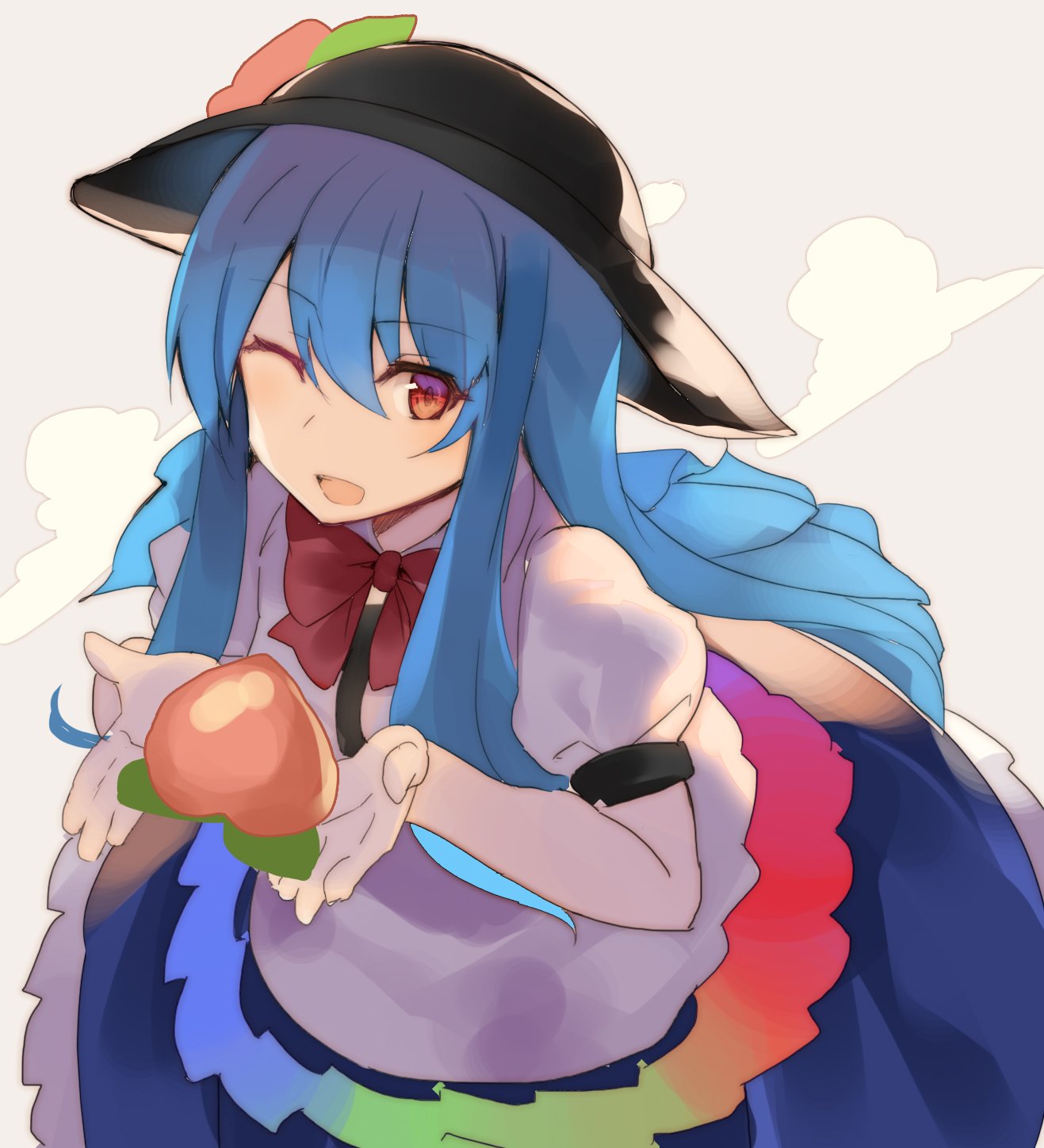 1girl ;d bangs black_hat blouse blue_hair bow bowtie breasts commentary_request cowboy_shot eyebrows_visible_through_hair food fruit grey_background hair_between_eyes hat highres hinanawi_tenshi holding holding_fruit leaf leaning_forward long_hair one_eye_closed open_mouth peach petticoat puffy_short_sleeves puffy_sleeves red_bow red_eyes red_neckwear rin_falcon short_sleeves sidelocks simple_background small_breasts smile solo touhou white_blouse