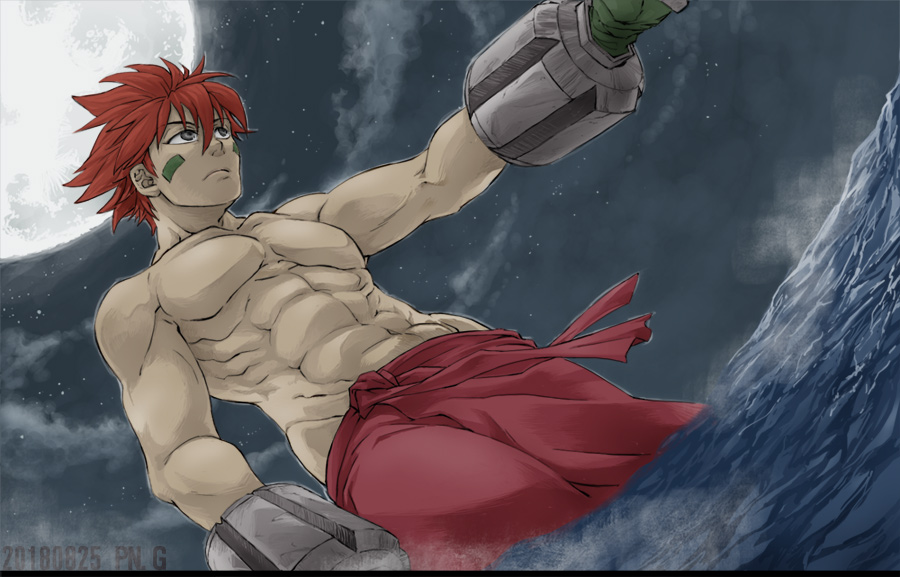 1boy abs brass_knuckles facial_mark full_moon grey_eyes grey_sky hair_between_eyes houshin_engi male_focus moon muscle nataku night night_sky outstretched_arm pectorals redhead shirtless sky solo user_camw4557 weapon