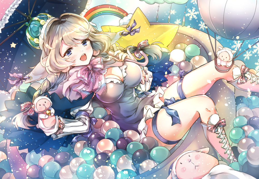 1girl :d aircraft animal animal_ears ball bell black_dress blue_eyes blush boots bow braid breasts clouds commentary_request cross-laced_footwear dress frilled_dress frilled_umbrella frills hair_bow holding holding_umbrella hot_air_balloon knee_boots lace-up_boots light_brown_hair long_hair looking_at_viewer low_twintails lying medium_breasts melynx_(user_aot2846) on_back open_mouth original pink_footwear pink_umbrella rainbow red_bow sheep sheep_ears smile snowflakes solo star twin_braids twintails umbrella upper_teeth