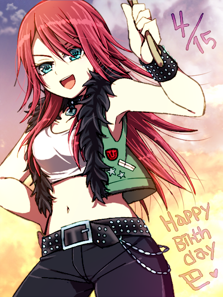 1girl :d akasata aqua_eyes badge bang_dream! bangs belt button_badge character_name collar crop_top dated drumsticks fur-trimmed_vest green_vest hand_on_hip happy_birthday heart holding holding_instrument instrument long_hair looking_at_viewer midriff navel open_mouth padlocked_collar pants redhead round_teeth shirt smile solo strap studded_belt studded_bracelet studded_collar sunset teeth udagawa_tomoe upper_teeth v-shaped_eyebrows vest white_shirt