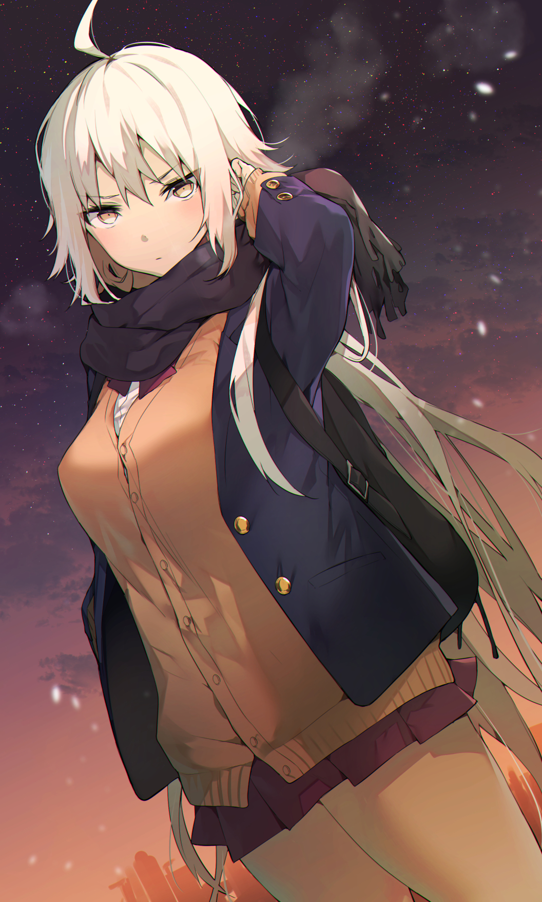 1girl ahoge arm_up backpack bag black_scarf blazer blue_jacket breasts brown_cardigan brown_eyes brown_legwear commentary_request dutch_angle fate/grand_order fate_(series) hand_in_hair highres itohana jacket jeanne_d'arc_(alter)_(fate) jeanne_d'arc_(fate)_(all) long_hair long_sleeves looking_at_viewer medium_breasts miniskirt outdoors pantyhose pleated_skirt red_neckwear red_skirt scarf school_uniform silver_hair skirt sky solo twilight v-shaped_eyebrows very_long_hair white_background