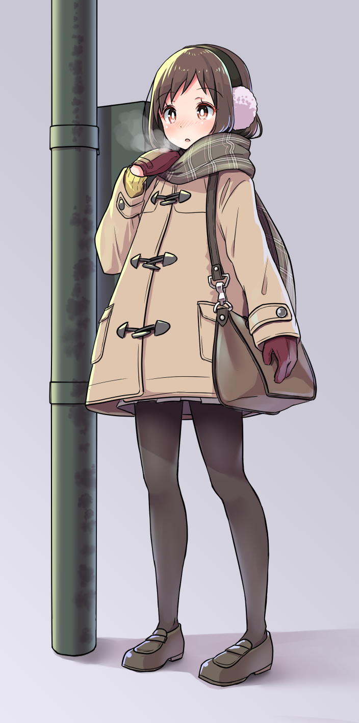 1girl :o bag bang_dream! bangs blush breath brown_coat brown_footwear brown_hair brown_legwear brown_scarf coat commentary_request earmuffs eyebrows_visible_through_hair full_body gloves grey_background hazawa_tsugumi highres loafers long_sleeves looking_away nose_blush pantyhose parted_lips plaid plaid_scarf red_eyes red_gloves scarf shadow shipii_(jigglypuff) shoes shoulder_bag sleeves_past_wrists solo standing