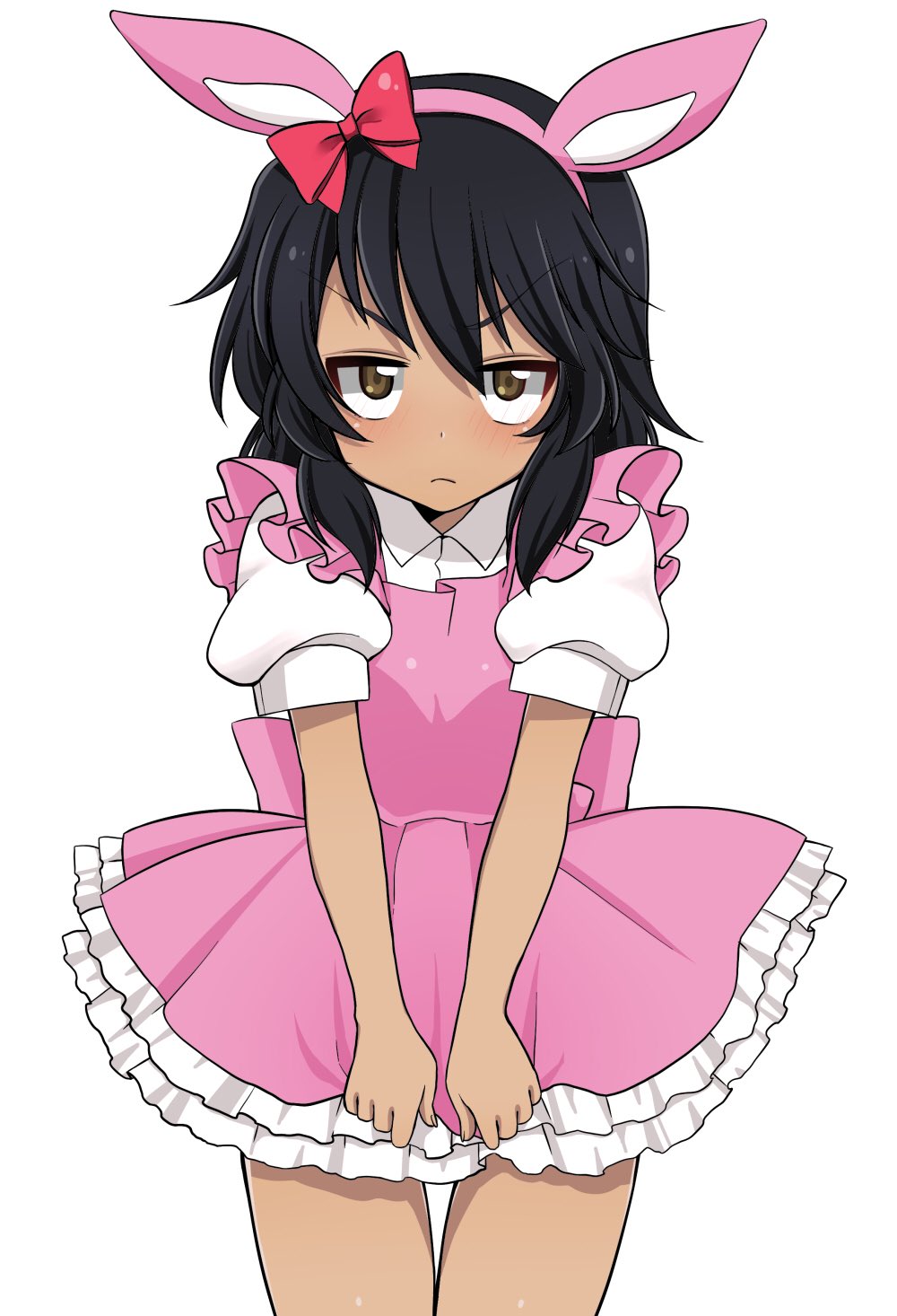 1girl alternate_costume andou_(girls_und_panzer) animal_ears bangs black_hair blush bow brown_eyes closed_mouth collared_shirt commentary cowboy_shot dark_skin dress dress_tug embarrassed fake_animal_ears frilled_dress frills frown girls_und_panzer hair_bow highres jitome looking_at_viewer medium_hair messy_hair pinafore_dress pink_dress puffy_short_sleeves puffy_sleeves rabbit_ears red_bow ruruepa shirt short_dress short_sleeves simple_background solo standing v-shaped_eyebrows white_background white_shirt