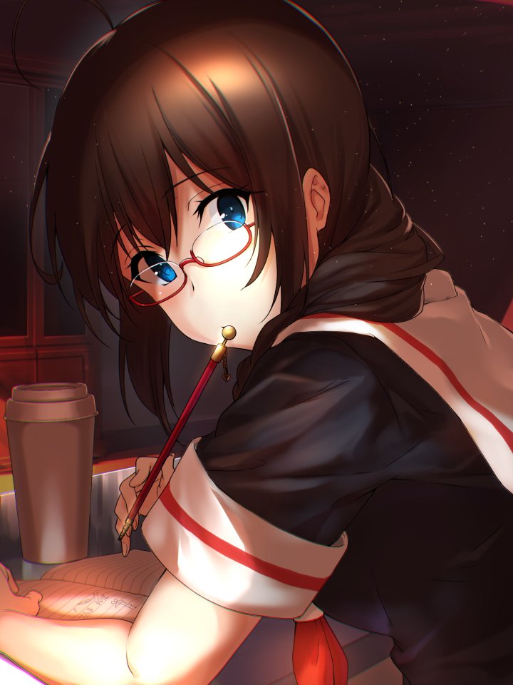 ahoge black_serafuku blue_eyes braid brown_hair cabinet cup disposable_cup glasses hair_flaps hair_over_shoulder kantai_collection neckerchief notebook pen red_neckwear remodel_(kantai_collection) room school_uniform serafuku shigure_(kantai_collection) single_braid table youmou_usagi