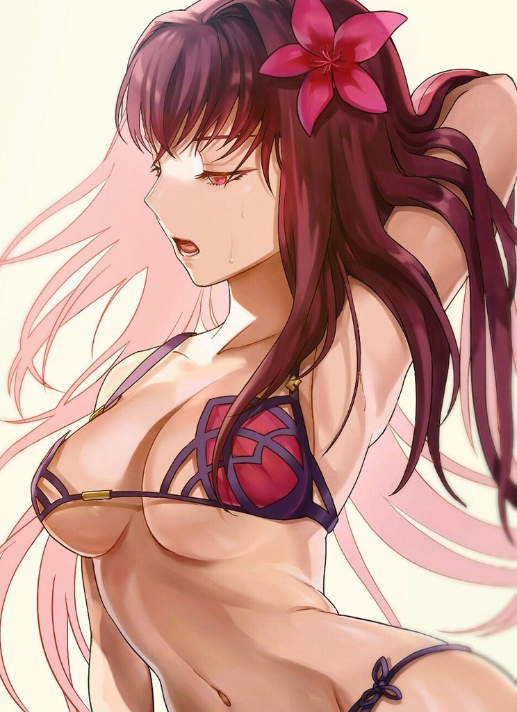 anko_(tkg0705) arm_up bikini breasts fate/grand_order fate_(series) flower hair_flower hair_intakes hair_ornament hibiscus large_breasts looking_to_the_side navel open_mouth pink_bikini purple_bikini purple_hair red_eyes scathach_(fate)_(all) scathach_(fate/grand_order) scathach_(swimsuit_assassin)_(fate) sweatdrop swimsuit white_background