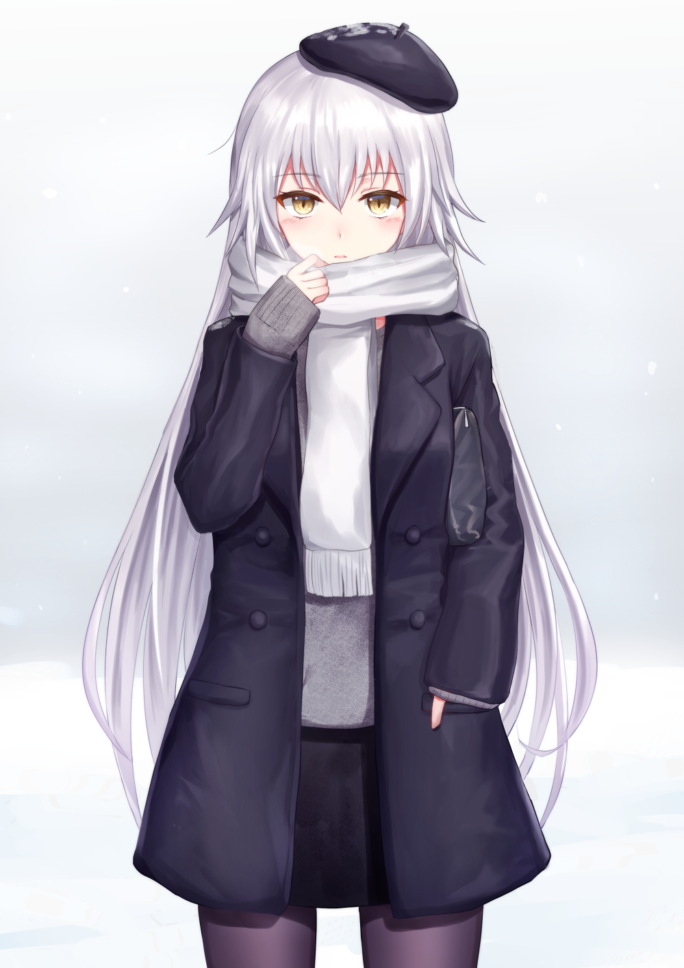 1girl bag bangs beret black_coat black_hat black_skirt blush breath brown_eyes brown_legwear coat commentary_request cowboy_shot eyebrows_visible_through_hair fate/grand_order fate_(series) fringe gradient gradient_background grey_background grey_sweater hair_between_eyes hand_in_pocket hand_up handbag hat highres jeanne_d'arc_(alter)_(fate) jeanne_d'arc_(fate)_(all) long_hair long_sleeves open_clothes open_coat pantyhose parted_lips revision scarf seungju_lee silver_hair skirt sleeves_past_wrists snow solo standing sweater tilted_headwear very_long_hair white_scarf