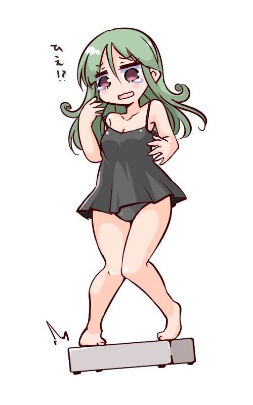 /\/\/\ 100_percent_orange_juice 1girl alternate_costume bare_arms bare_legs bare_shoulders barefoot black_camisole black_panties blush_stickers breasts commentary_request dutch_angle green_hair hand_up hono kirlalaris long_hair official_art open_mouth panties qp_shooting red_eyes simple_background small_breasts solo standing tears translated underwear underwear_only wavy_mouth weighing_scale weight_conscious white_background