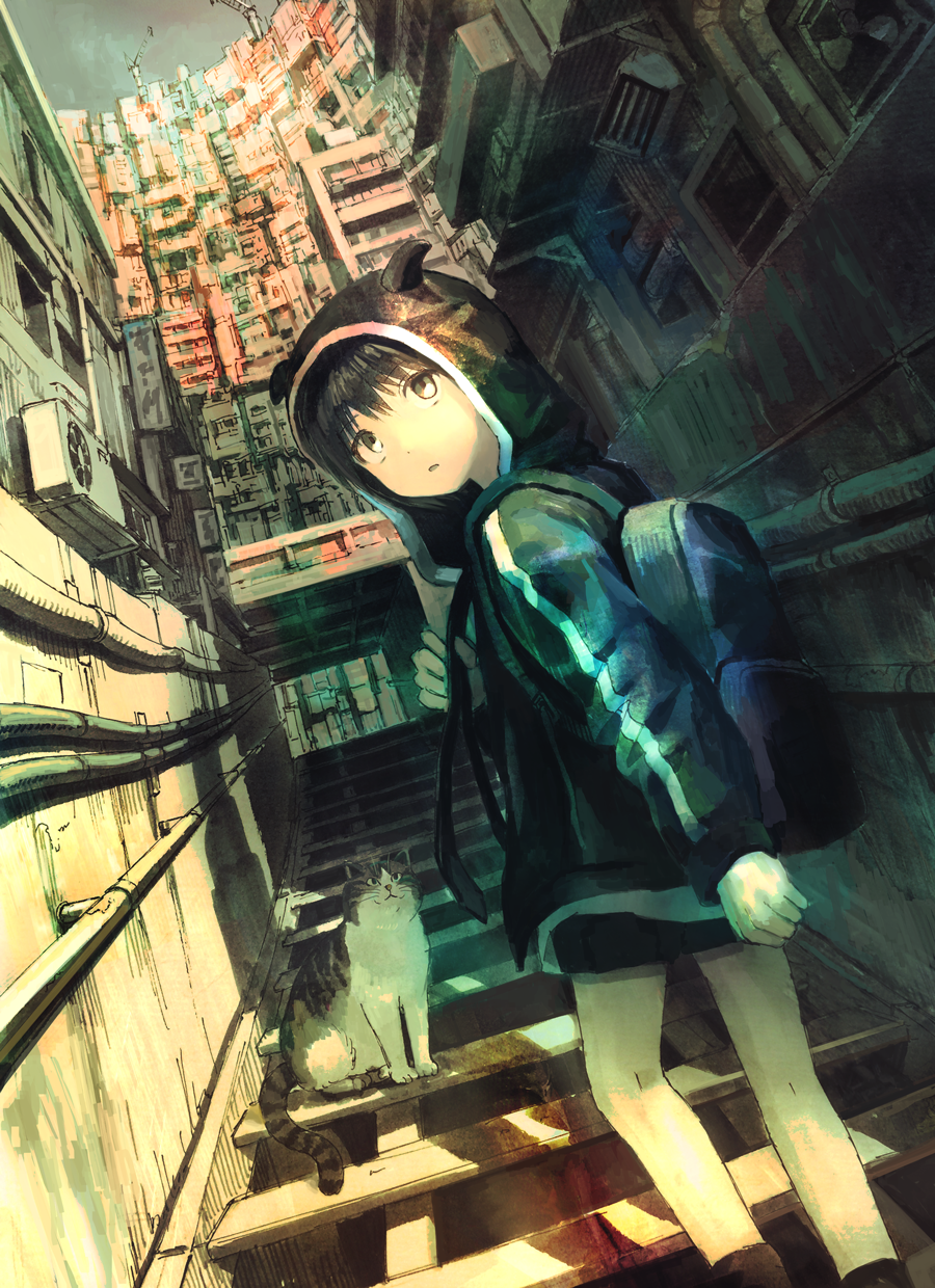 1girl animal animal_hood backpack bag bangs black_eyes black_hair black_jacket black_shorts cat cityscape commentary_request cover cover_page crane highres holding_strap hood hood_up hooded_jacket jacket long_sleeves looking_back open_mouth original outdoors pipes short_shorts shorts solo stairs tokunaga_akimasa