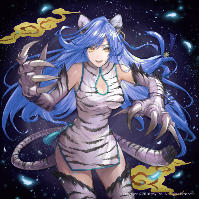 :d animal_ears animal_print black_background blue_hair breasts brown_eyes byakko cat_ears cat_tail china_dress chinese_clothes claws cleavage company_name dress earrings jewelry long_hair medium_breasts official_art open_mouth paws revolve smile standing tail tcoffee thigh-highs tiger_print very_long_hair white_legwear