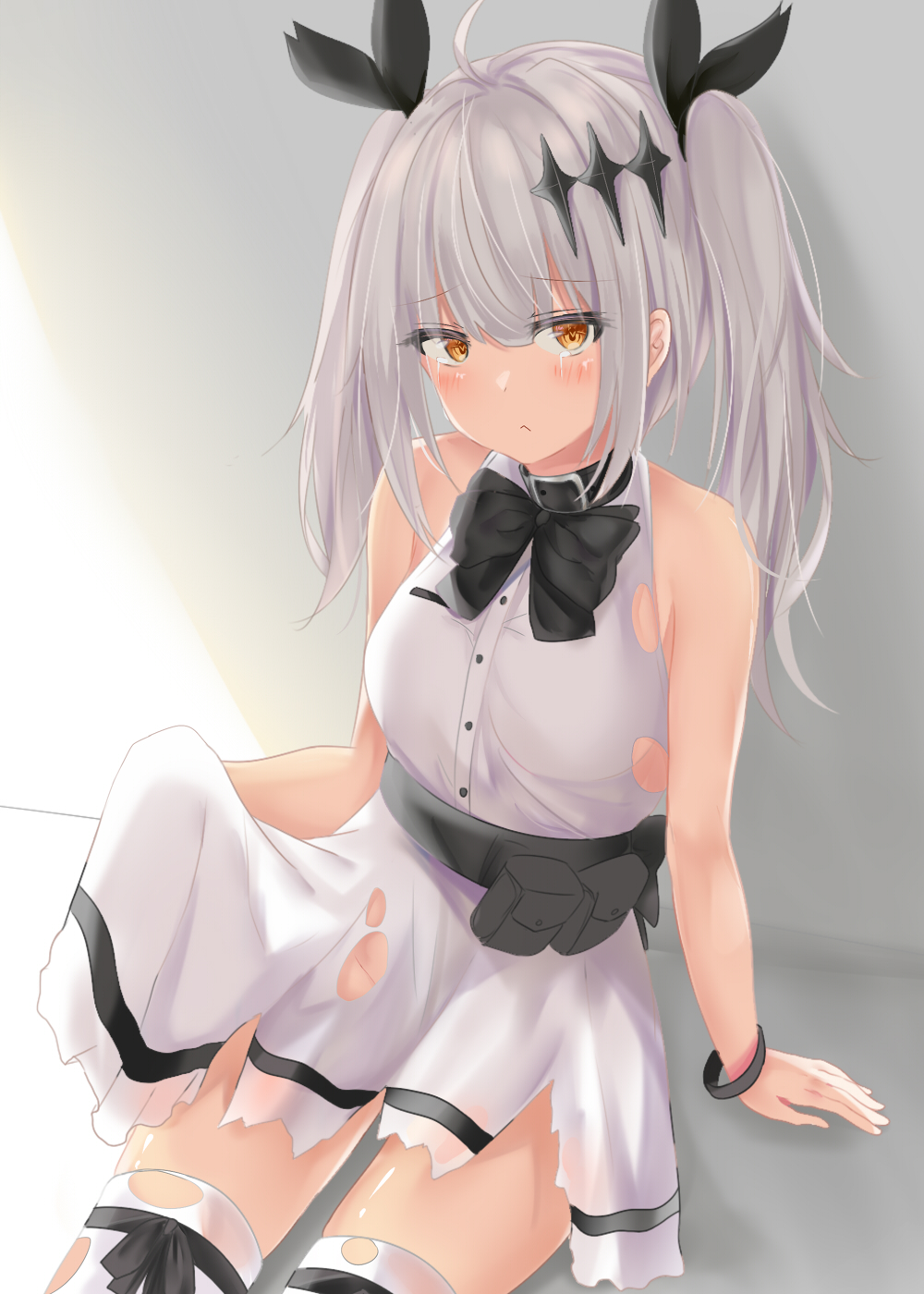 1girl arm_support bag bangs bare_arms bare_shoulders black_bow black_ribbon blush bow breasts brown_eyes commentary_request dress eyebrows_visible_through_hair five-seven_(girls_frontline) girls_frontline groin hair_between_eyes hair_ornament hair_ribbon head_tilt highres long_hair looking_at_viewer medium_breasts ribbon ru_zhai satchel silver_hair sitting skirt_hold sleeveless sleeveless_dress solo thigh-highs torn_clothes torn_dress torn_thighhighs twintails white_dress white_legwear