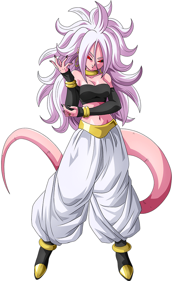 &lt;maxiuchiha22&gt; 1girl android_21 android_21_(evil) black_sclera bracelet breasts cleavage curly_hair dragon_ball dragon_ball_fighterz earrings harem_pants hoop_earrings jewelry large_breasts long_hair majin_android_21 monster_girl nail_polish navel pants pink_skin point_ears pointy_ears portrait red_eyes render smile solo tail white_hair white_pants