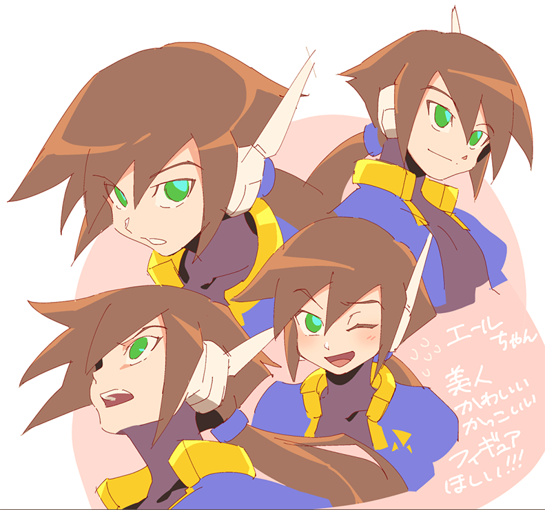 1girl aile bangs blush brown_hair closed_mouth expressions eyebrows_visible_through_hair face green_eyes hair_between_eyes long_hair looking_up multiple_views one_eye_closed open_mouth ponytail robot_ears rockman rockman_zx rockman_zx_advent serious smile