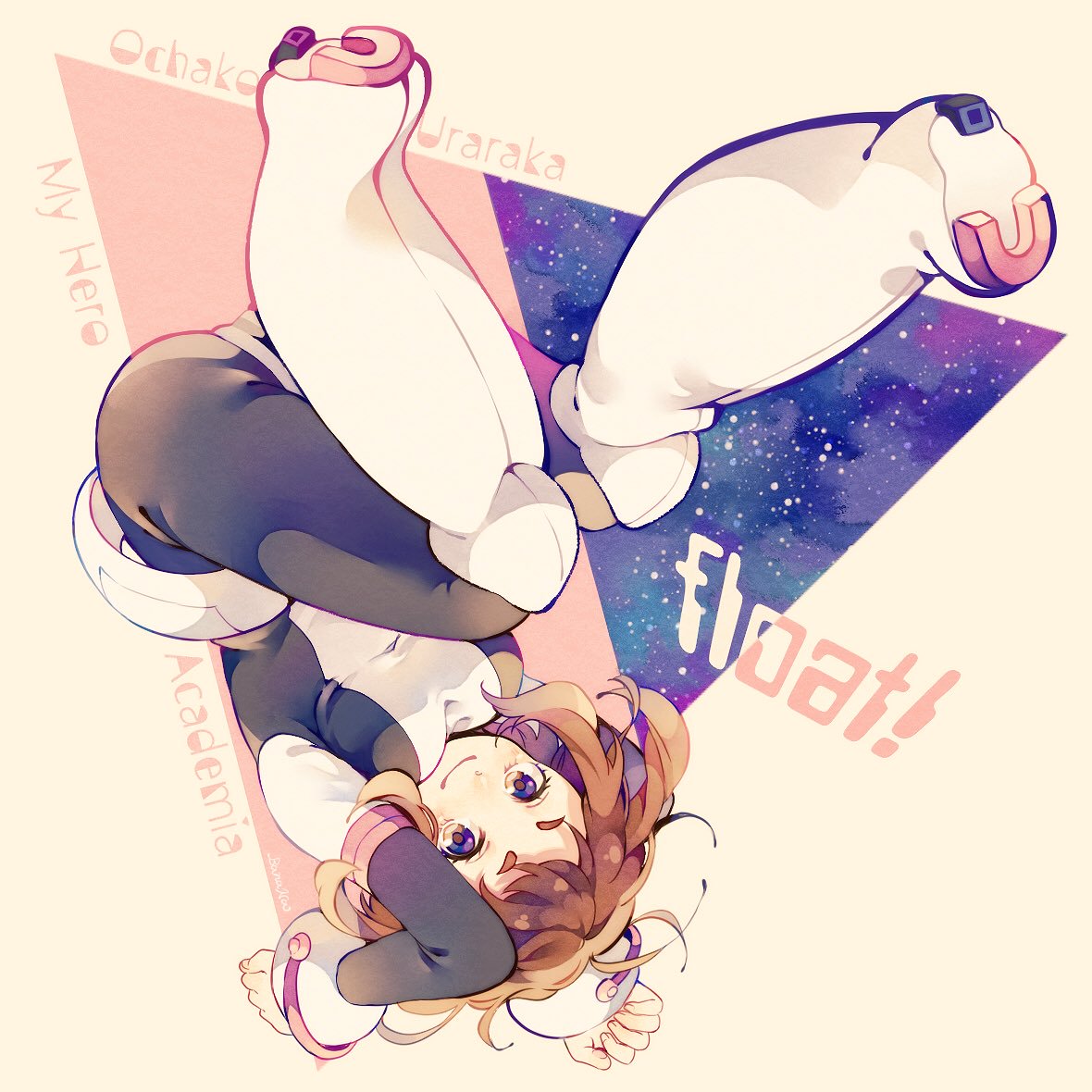 ! 1girl blush bodysuit boku_no_hero_academia boots breasts brown_eyes brown_hair character_name commentary_request copyright_name edward-el english eyebrows floating knee_boots looking_at_viewer medium_breasts night short_eyebrows short_hair sky smile solo star_(sky) starry_sky upside-down uraraka_ochako