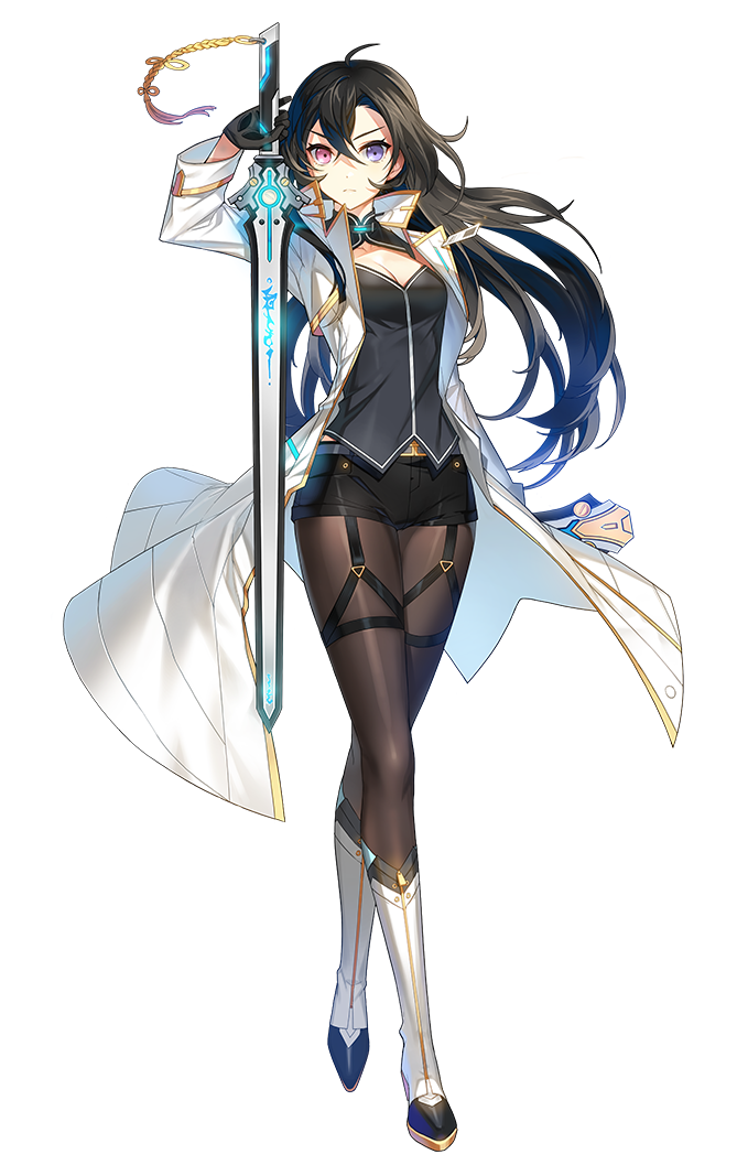 ahoge bai_(closers) breasts cleavage cleavage_cutout closers garter_straps gloves glowing glowing_weapon hair_between_eyes hair_blowing jian_(weapon) leggings long_coat long_hair looking_at_viewer medium_breasts official_art red_eyes serious sheath shorts sword thigh-highs violet_eyes weapon