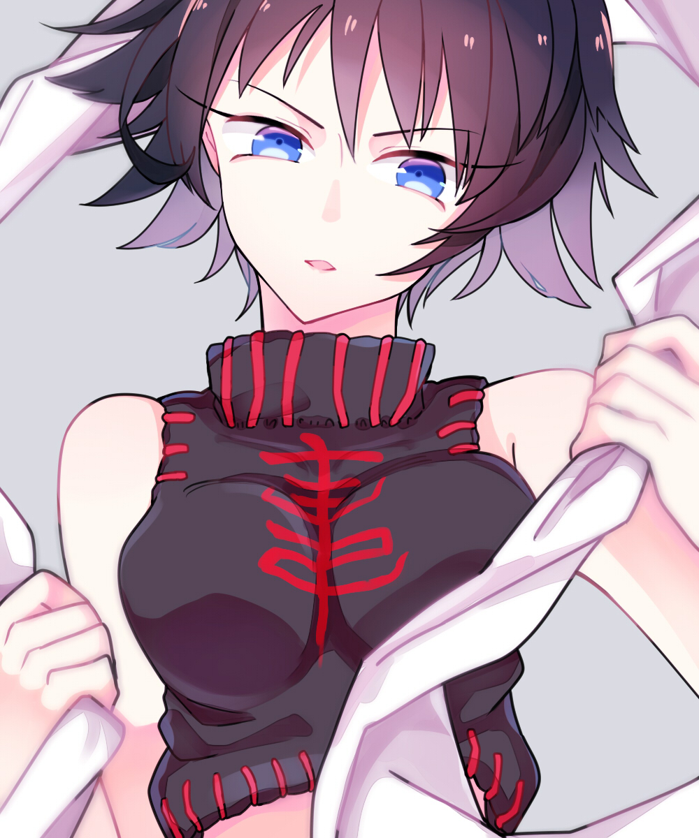 1girl bangs bare_arms bare_shoulders black_hair blue_eyes breasts chinese_clothes crop_top grey_background hagoromo head_tilt highres houshin_engi impossible_clothes long_eyelashes looking_at_viewer maron_my1112t-hu medium_breasts open_mouth ou_kijin shawl short_hair simple_background solo turtleneck upper_body