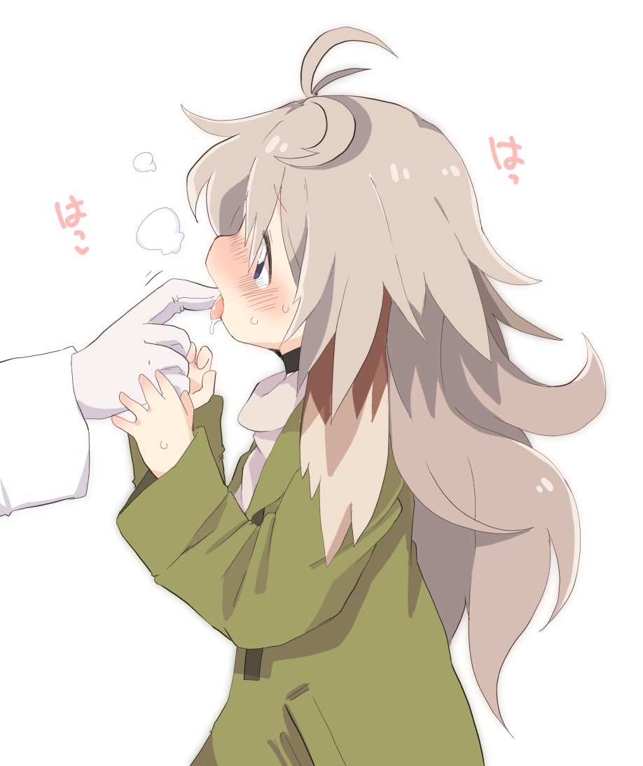 1girl animal_ears blue_eyes blush collar commentary_request dog_ears finger_licking gloves green_jacket heavy_breathing jacket konachiu licking light_brown_hair long_hair long_sleeves open_mouth original rei-chan_(konachiu) simple_background standing sweat tongue tongue_out turtleneck white_background white_gloves
