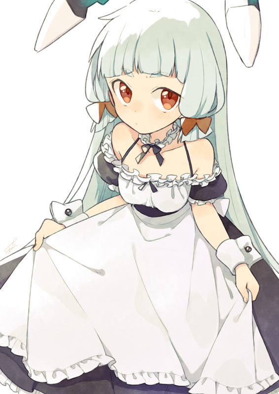 1girl alternate_costume ark_kan bare_shoulders enmaided hair_ribbon kantai_collection long_hair looking_at_viewer maid murakumo_(kantai_collection) orange_eyes ribbon simple_background skirt_hold solo tress_ribbon white_background wrist_cuffs