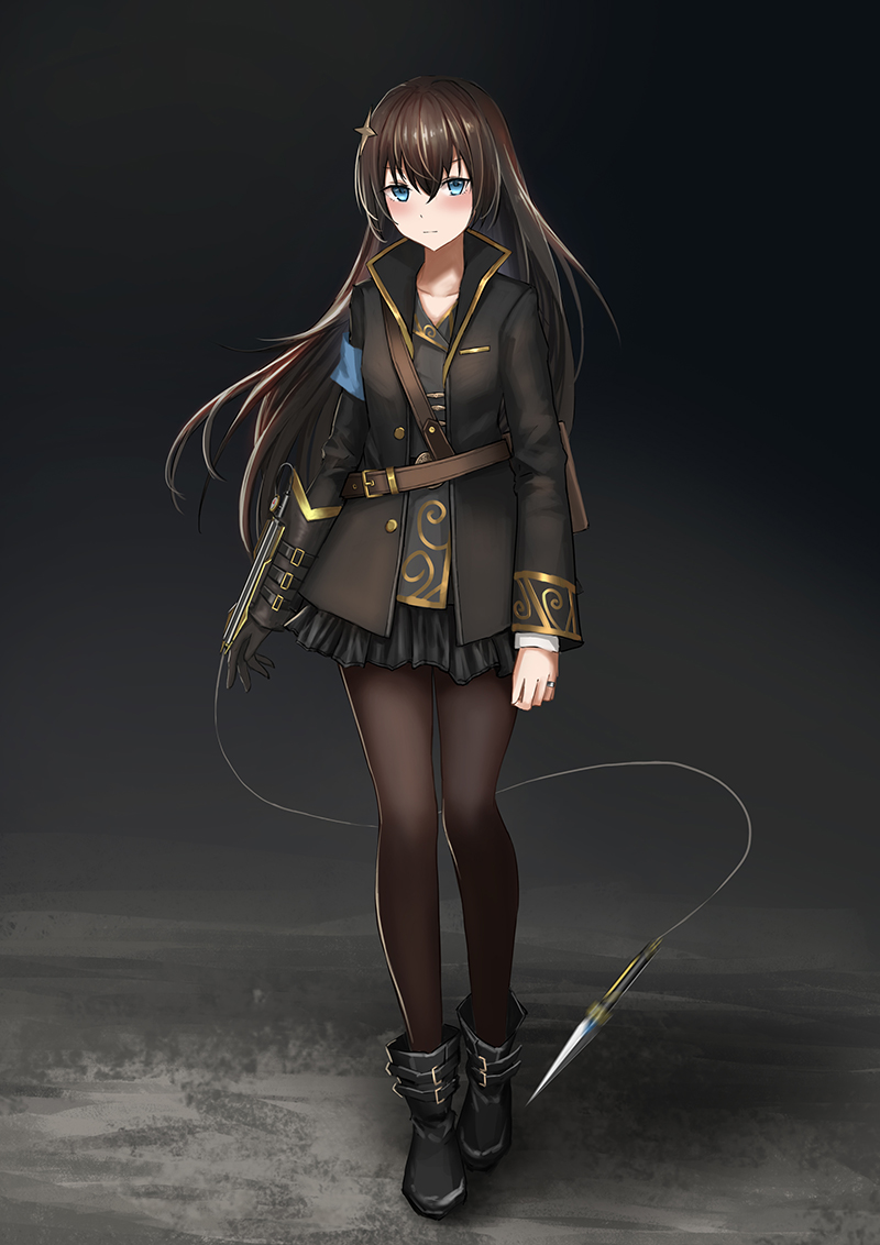 1girl ankle_boots armband arms_at_sides bangs belt belt_buckle black_background black_coat black_footwear black_legwear black_skirt blue_eyes blush boots brown_hair buckle closed_mouth coat collarbone full_body gradient gradient_background hair_between_eyes hair_ornament kagura_hikari long_hair long_sleeves looking_at_viewer miniskirt motion_blur open_clothes open_coat pantyhose shiny shiny_hair shoujo_kageki_revue_starlight skirt solo standing straight_hair very_long_hair weapon yurichtofen