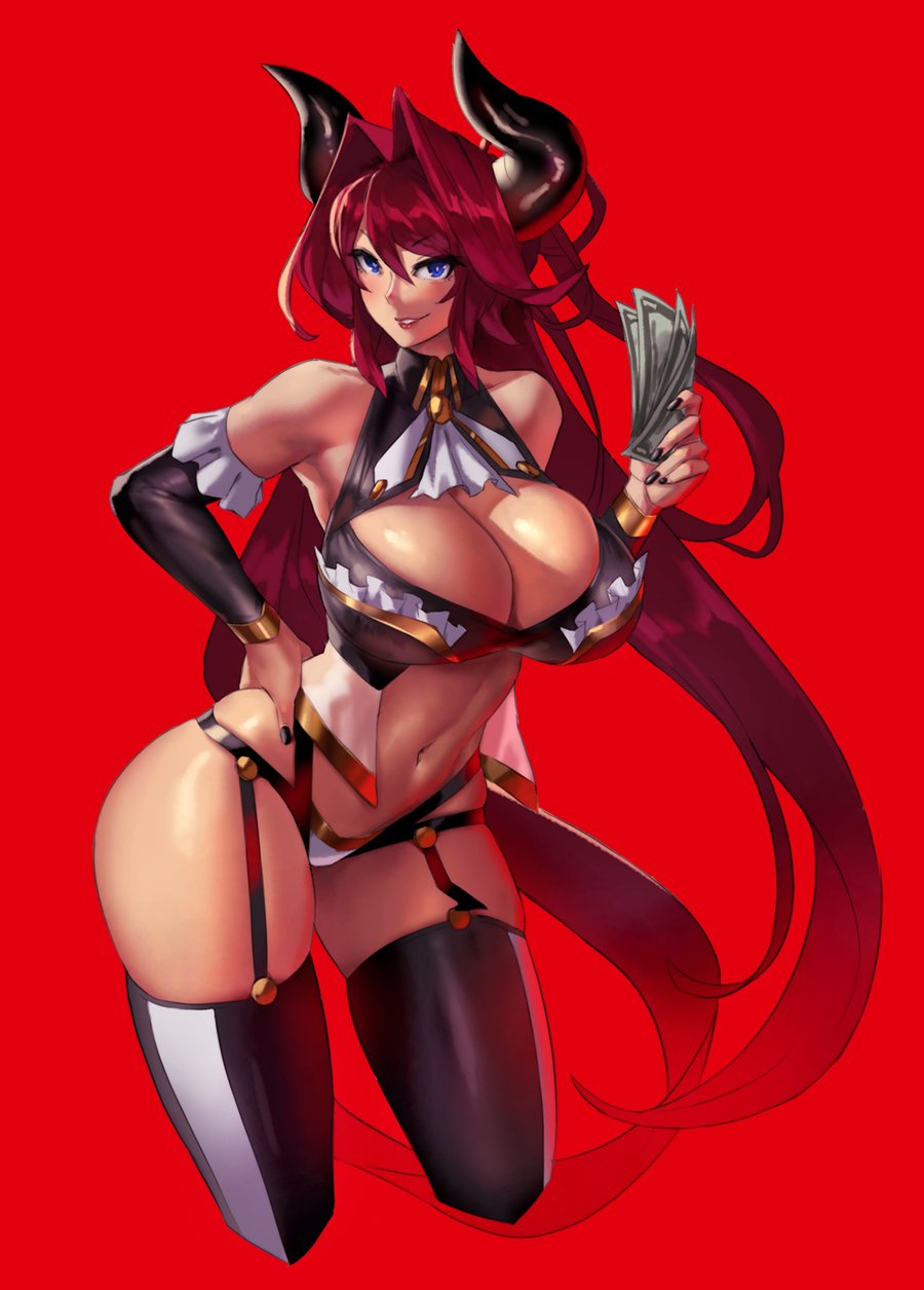 1girl bare_shoulders black_nails blue_eyes breasts center_opening cleavage detached_sleeves eu03 frills garter_straps hair_intakes hand_on_hip highres holding_money horns huge_breasts long_hair looking_at_viewer nail_polish navel original parted_lips red_background redhead revealing_clothes smile solo standing thigh-highs tsunoko very_long_hair