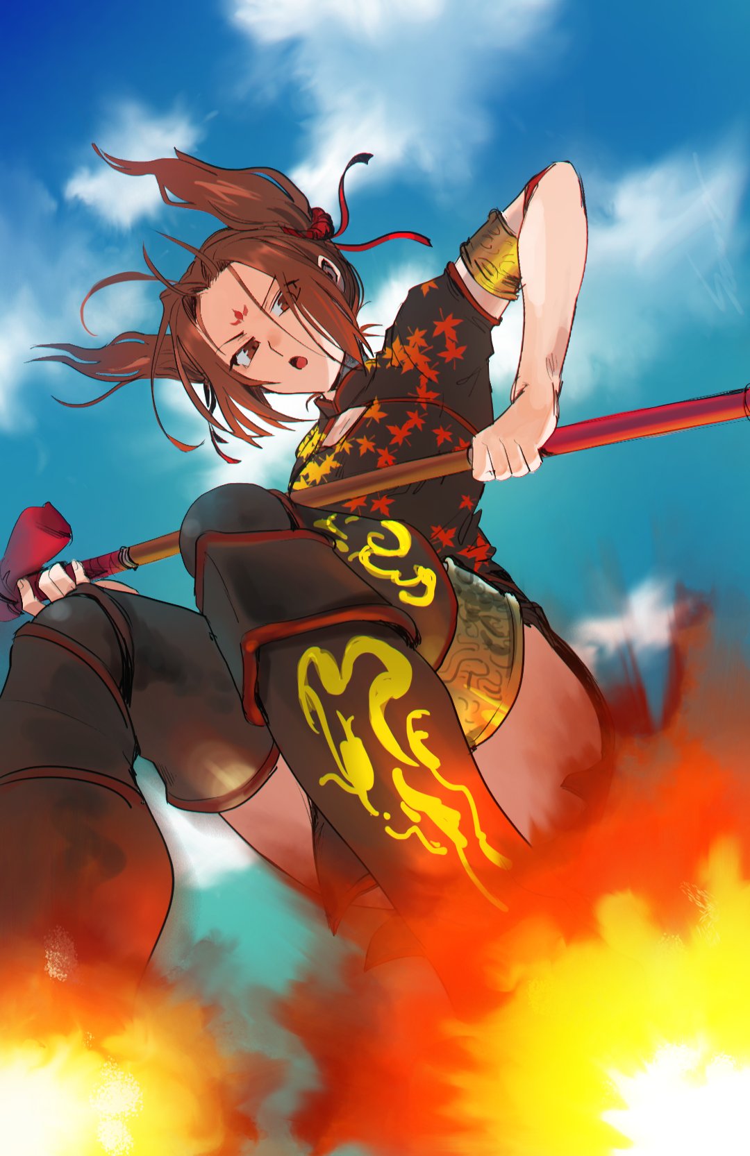 1girl ahoge armlet blue_sky brown_eyes brown_hair china_dress chinese_clothes cleavage_cutout dress facial_mark fate/grand_order fate_(series) fire flying forehead_mark from_below highres nezha_(fate/grand_order) polearm scrunchie sky spear twintails weapon zero-souma