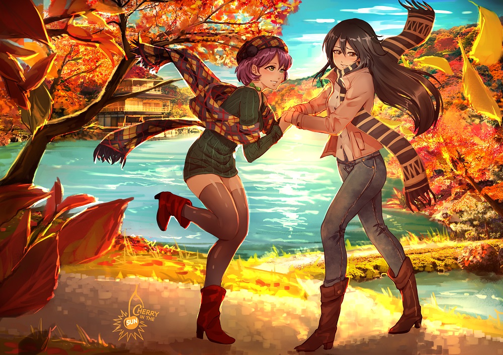 2girls autumn_leaves black_hair black_legwear blush boots building cherry_in_the_sun coat commission hand_holding high_heel_boots high_heels long_hair looking_at_another love_live! love_live!_school_idol_festival multiple_girls open_clothes open_coat outdoors purple_hair sakamaki_chizuko scarf shiga_hitomi short_hair smile standing standing_on_one_leg sunset thigh-highs tree water yellow_eyes
