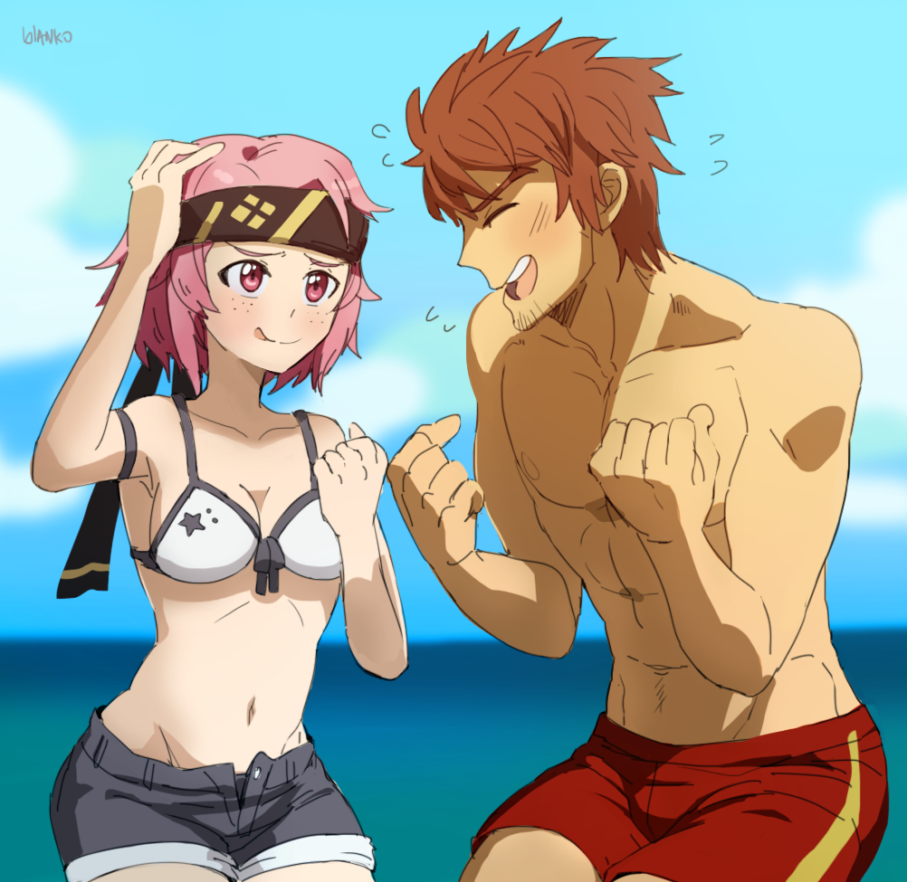 1boy 1girl :p abs artist_name bikini black_shorts blanko! brown_hair facial_hair flying_sweatdrops freckles headband klein kneeling lisbeth looking_at_another male_swimwear ocean pink_hair short_hair shorts smile stubble swim_trunks swimsuit swimwear sword_art_online tongue tongue_out