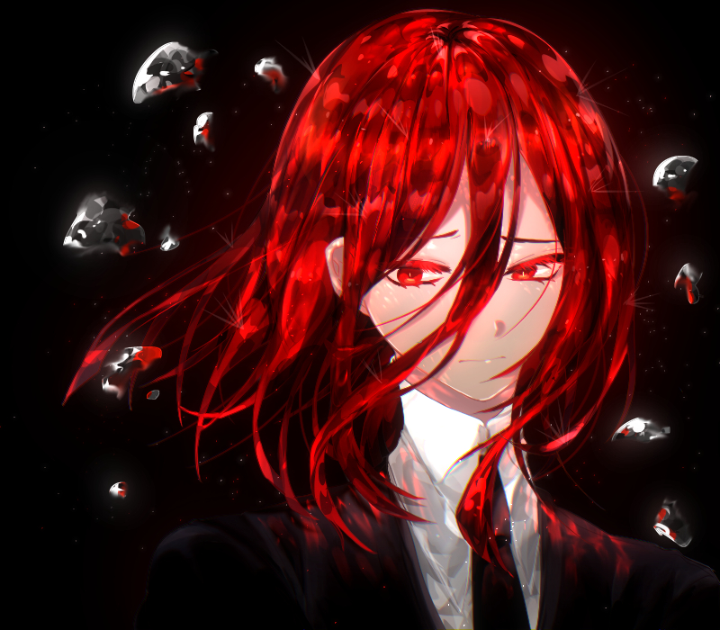 1other androgynous black_background colored_eyelashes crystal_hair gem_uniform_(houseki_no_kuni) hair_between_eyes houseki_no_kuni kanmiya_(amamia06-16) long_bangs mercury necktie red_eyes redhead sad shinsha_(houseki_no_kuni) short_hair solo