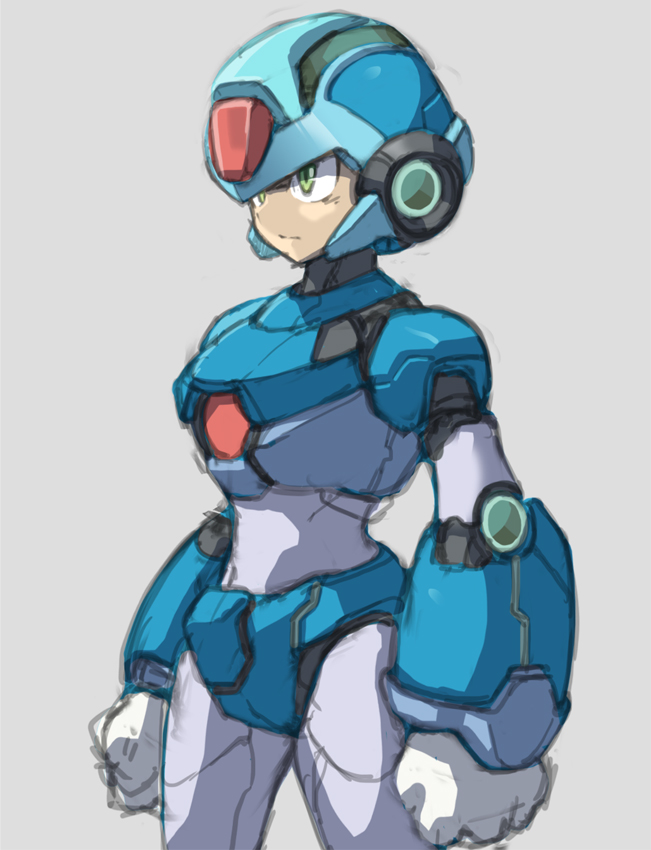 adapted_costume android blue_helmet capcom cowboy_shot gloves green_eyes grey_background helmet male_focus power_armor robot rockman rockman_x simple_background sketch solo white_gloves x_(rockman) yuusuke_(5yusuke3)