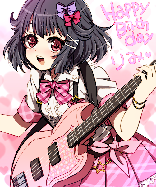 1girl :d akasata bang_dream! bangs bass_guitar black_hair bow bowtie bracelet character_name flower hair_bow hair_flower hair_ornament hairpin happy_birthday heart holding holding_instrument instrument jewelry looking_at_viewer open_mouth pink_bow pink_neckwear pink_ribbon pink_skirt plaid_neckwear purple_bow red_eyes ribbon round_teeth shirt short_hair short_sleeves skirt smile solo suspender_skirt suspenders teeth upper_teeth ushigome_rimi white_shirt x_hair_ornament