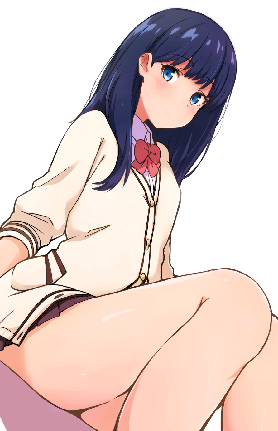 1girl bangs black_hair black_skirt blue_eyes blush bow cardigan dutch_angle erunga expressionless eyebrows_visible_through_hair highres legs long_hair long_sleeves looking_at_viewer microskirt pleated_skirt red_bow school_uniform shirt sitting skirt solo ssss.gridman takarada_rikka thighs white_background white_cardigan white_shirt