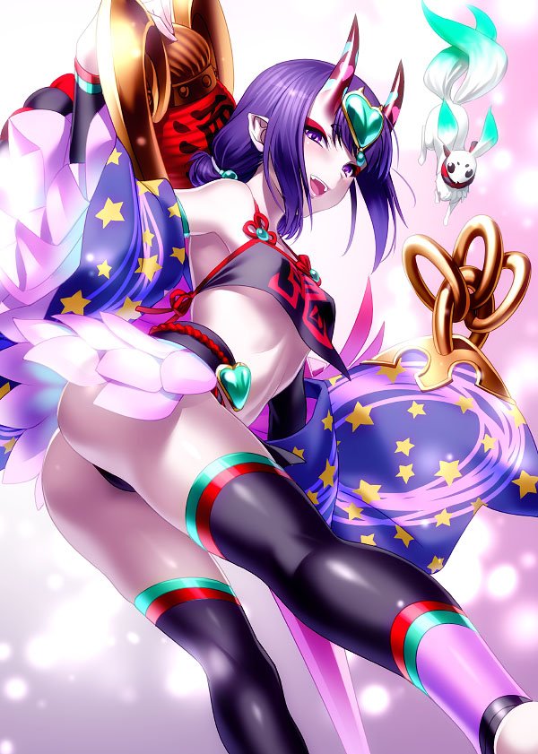 1girl ass bangs bare_shoulders barefoot_sandals black_legwear blush breasts club detached_sleeves dudou eyeliner fangs fate/grand_order fate_(series) forehead_jewel fundoshi headpiece heart hips horns japanese_clothes legs looking_at_viewer low_twintails makeup obi oni oni_horns open_mouth pointy_ears purple_hair rope sash short_eyebrows short_hair short_twintails shuten_douji_(fate/grand_order) small_breasts smile solo spiked_club star star_print thighs twintails violet_eyes waist weapon zen